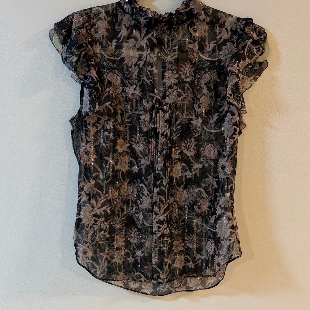 NWT - Veronica Beard Sheer Floral Ruffle Cap-Sleeve Top metallic stripe - S